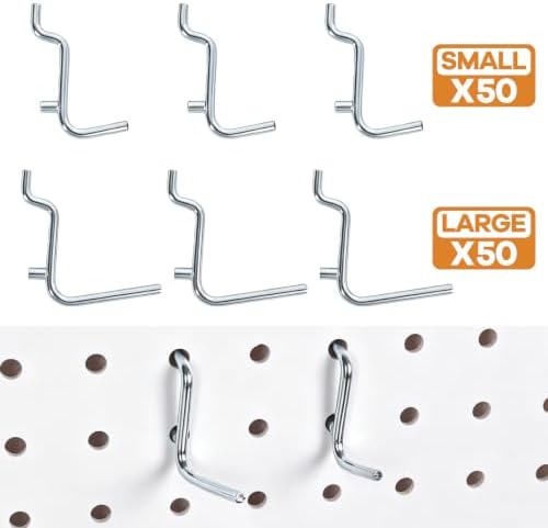 100 Pack Pegboard Hooks, Heavy Duty Galvanized Metal Peg Board Hooks with Locking Tabs, 2 Sizes, Fits 1/8” & 1/4” Pegboards, Garage Tool Organizer Accessories - Image 2