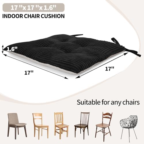 Office Stacking Chair Cushions 4 Pack, Corduroy High Density Foam Kitchen Seat Cushions with Ties, Square 17" x 17" Indoor Non-Slip Dining Chair Pads, Black, 4pcs - Image 3