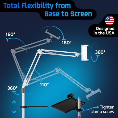 Tablet Floor Stand, 12lb Weighted Base, Tray & Phone Holder, White - Image 6