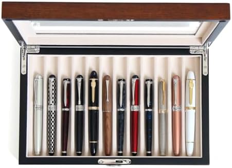 Wooden Pen Display Case – 12 Slot Lockable Fountain Pen Storage Box, Brown Collectors Display with Glass Top, Gift for Men by Besforu