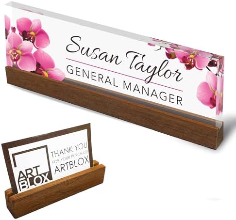 Artblox Office Personalized Name Plate for Desk with Business Card Holder On Clear Acrylic Glass Orchids Flowers Design Custom Desk Name Plate with Your Name and Credentials Customized Gift by Artblox