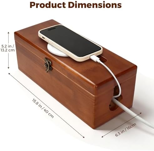 Large Cable Management Box with Clasp, Soild Wood Cord Box with 4 Open Slots, Cable Box to Hide Cords and Power Strip - Image 2