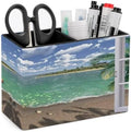 PU Leather Multi-Compartment Pen Holder Desktop Organizer Pencil Cup Storage Caddy for Office Home Supplies Wood Window Ocean Scenery Sand Sea Beach Theme by Unknown