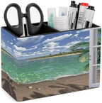 PU Leather Multi-Compartment Pen Holder Desktop Organizer Pencil Cup Storage Caddy for Office Home Supplies Wood Window Ocean Scenery Sand Sea Beach Theme by Unknown