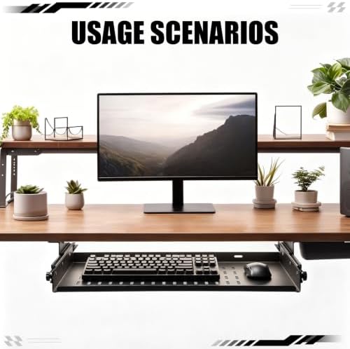 Sliding Under Desk Laptop Mount Shelf with Air Vents 21'' W x 12'' D Metal Under Desk Slide Out Tray Laptop Storage Tray for Home Office Standing Desks Workstations Cabinet Gaming - Image 2