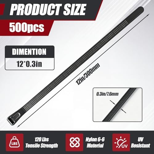 Reallnaive 500 Pcs 12 Inch Reusable Zip Ties Outdoor Heavy Duty 120lbs - Image 2