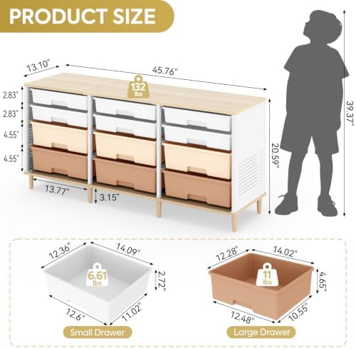 TOOLF 12 Drawers Storage Cabinet with Wooden Top and Plastic Bins,Brown - Image 3