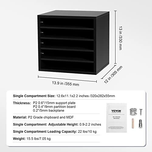 VEVOR Literature Organizers, 5 Compartments Office Mailbox with Adjustable Shelves, Wood Literature Sorter 13.9x12x13 inches for Office, Home, Classroom, Mailrooms Organization, EPA Certified, Black - Image 3
