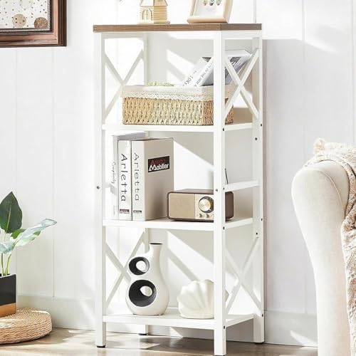MNEETRUNG Small Bookshelf,4 Tier Industrial Bookcase with Metal Frame and Backboard,Narrow White Book Shelf,Book case for Small Spaces,Living Room,Bedroom and Home Office by MNEETRUNG