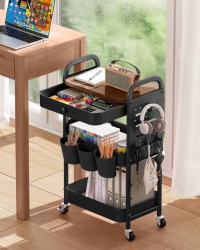 ALVOROG 3 Tier Metal Rolling Cart with Drawer,Wood Top,Pegboards,Black - Image 6