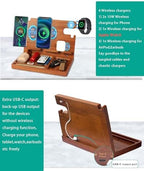Nightstand Organizer with 4 Wireless Charger for 2 iPhone/Android Phone,Apple Watch,Airpod,Wood Phone Docking Station,27W Fast Wireless Charging Station,Wallet/Key Holder,Gift for Men Dad - Image 4