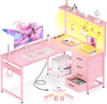 MOTPK 43" L Shaped Gaming Desk with Shelf & 4 Drawers, Carbon Fiber Pink by MOTPK