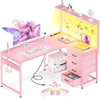 MOTPK 43" L Shaped Gaming Desk with Shelf & 4 Drawers, Carbon Fiber Pink by MOTPK