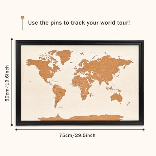 Wooden Frame Cork Board Map of World, 20" X 30" Bulletin Boards for Walls with 10 Pins, Travel Tracker Map for Office, School and Home (WD-MAP,5075,D) - Image 2