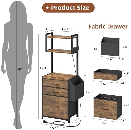 HIGDBFE 3 Drawer File Cabinet with Charging Station, 45''H, 3-Tier Small Filing Cabinet for Home Office, 11''*16'' for Small Printer, Fabric Drawer Fits Letter/A4, Tall Printer Stand, Rustic Brown - Image 3