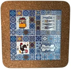 Portugal Azulejo Tiles, Ethnic Portugese Ceramic Tiles - Cork Trivets - Home & Wall Decorations (7.8 Inch - 20cm) (Tram Sardine Rooster Portugal Blue Azulejo) by GOLDTON