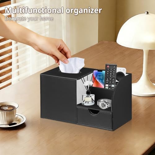 Nightstand Organizer with Tissue Holder,PU Leather Square Tissue Box Cover - Image 3