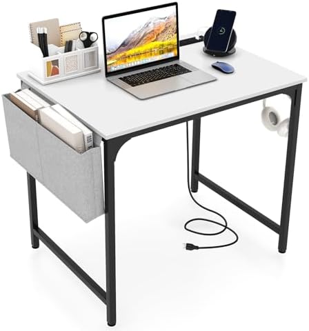 GIANTEX 32 Inch Computer Desk with Charging Station, Home Office Writing Desk with Storage Bag & Headphone Hook, Compact Gaming Table PC Workstation, Modern Simple Laptop Desk for Bedroom, Study by Giantex