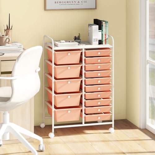 LDAILY 15 Drawer Rolling Storage Cart, Rolling Cart with Drawers for Classroom, Art Supply Craft Organizer on Wheel with Metal Frame & Handles for Home Office School - Image 2
