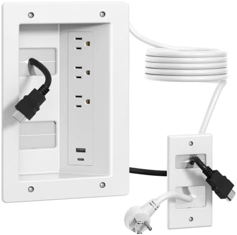 Plug'n in Wall Cable Management Kit,Recessed TV Wall Box with 3 AC Outlets,USB-A & USB-C Port,9.8FT Cord,Hide TV Wires for Wall Mounted TV,White by Plugn