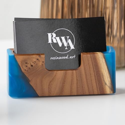 RWA Blue Business Card Holder – Luxury Square Desk Organizer, Stylish Office Decor, Slim Card Holders - Wood & Epoxy Card Display Stand for Men and Women, Office Desk Accessories - SMART, blue - Image 3