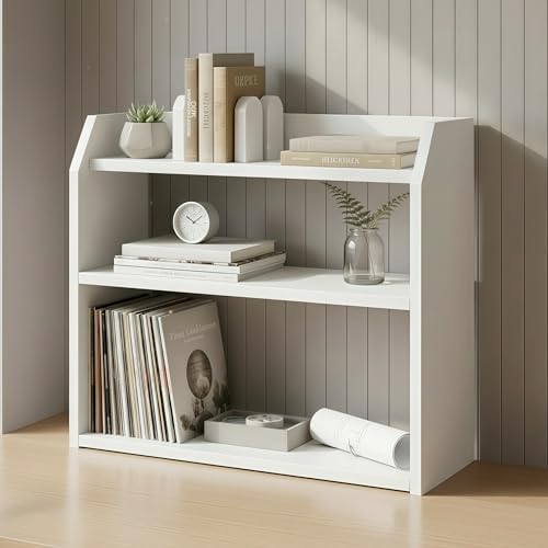 Tangkula 3-Tier Desktop Bookshelf, Wooden Countertop Bookcase with Guardrails, Space-Saving Desk Display Hutch Shelf, Modern Tabletop Storage Organizer for Study Room, Office and Dormitory (2,White) - Image 2