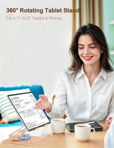 Aoviho Tablet Stand 360° Rotating Aluminum Holder, Adjustable, Portable and Foldable Monitors Stand for iPads, Compatible with 4-12.9" Tablets, Golden - Image 2