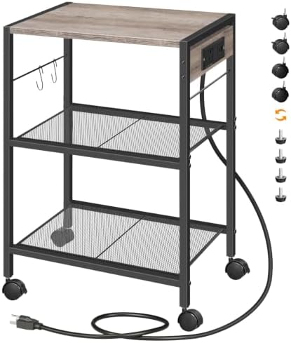 HOOBRO Industrial Printer Stand, 3-Tier Mobile Printer Table, Rolling Cart with Power Outlets and USB Ports, Home Printer Stand with 2 Hooks, for Office, Living Room, Greige and Black BG22UPS01 by HOOBRO