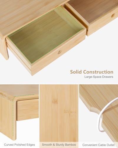 Ufine Bamboo Monitor Stand with 2 Drawers & Keyboard Storage - Image 7