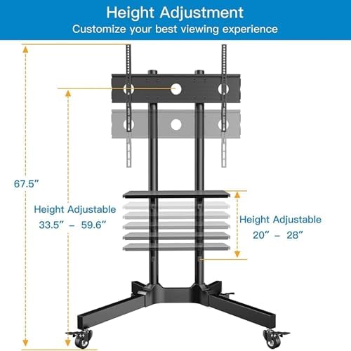 PERLESMITH Rolling TV Stand with Lockable Wheels for 32-86 Inch TVs Holds up to 132 Lbs, Height Adjustable Mobile TV Stand on Wheels with Laptop Shelf, Rolling Tv Cart Max VESA 600x400mm PSTVMC01 - Image 3
