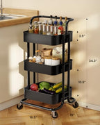 Pipishell Metal 3 Tier Rolling Cart with Handle & 2 Lockable Wheels, Black - Image 5