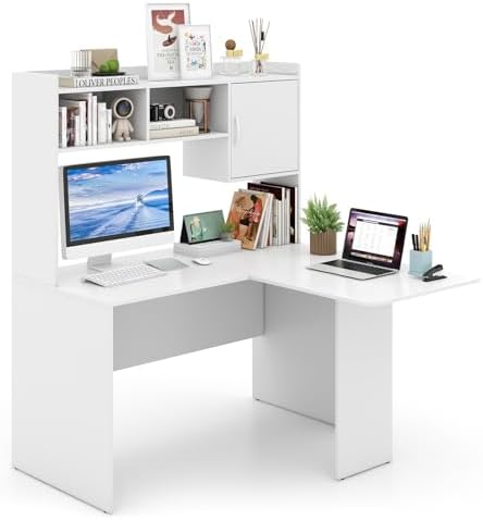 GIANTEX L Shaped Desk with Hutch, White Corner Desk with Storage Shelf & Cabinet, Laptop PC Table Gaming Computer Table Workstation, Modern Executive Study Writing Desk for Home Office, Bedroom by Giantex