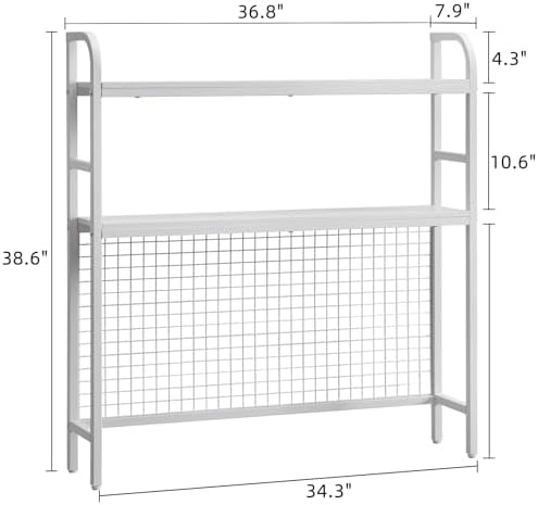 Desk Shelf, 36.8” Desktop Organizer Shelf with Grid Panel and Hooks, Desk Hutch for Computer Monitor, 2 Tier Desk Display Rack Wood Desktop Bookshelf Storage for Home Office Dorm (White, 36.8") - Image 3
