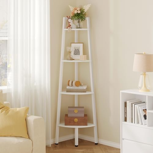 Hoctieon Corner Shelf, 4-Tier Corner Bookshelf, Rustic Corner Ladder Shelf, Industrial Display Shelf for Living Room, Kitchen, Home Office, Balcony, Small Space, Metal Frame, White by Hoctieon