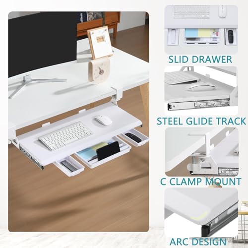 ETHU Corner Keyboard Tray Under Desk with Metal Rail, 26.8x11.8", White - Image 2