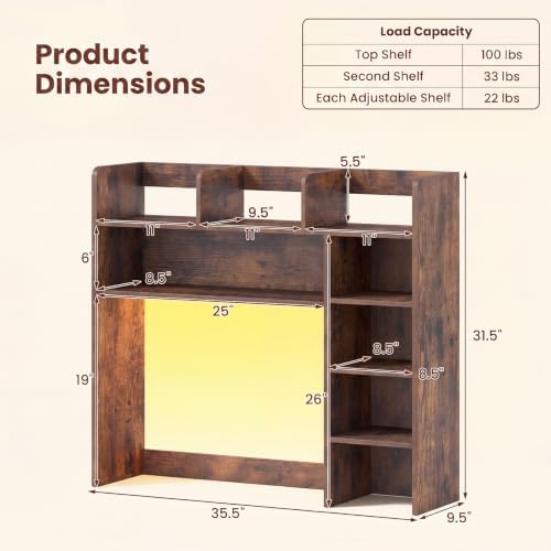 LDAILY Desktop Bookshelf with LED Lights, 35.5’’ Wooden Desk Shelf with 8 Cubes & 3 Adjustable Storage Shelves, 5-Tier Desk Hutch for Dorm College Office Computer Monitor Up to 25’’(Rustic Brown) - Image 3