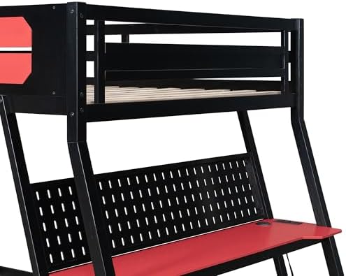 Polibi Full Over Full Bunk Bed with 2 Built-in Gaming Desks, USB Charging Ports & Pegboard Organizer, Heavy-Duty Gaming Bed Frame for Teens/Adults, Red (Full Size) - Image 5