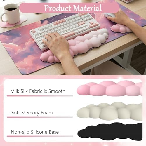 Pink Cloud Large Mouse Pad for Desk Cloud Keyboard Wrist Rest 4PCS Extended Cloud Desk Mat Pad Set Memory Foam Non-Slip Ergonomic Cute Gaming Mouse Pad Wrist Support for Computer Laptop Home Office - Image 6