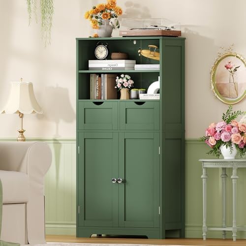 Iwell Bathroom Storage Cabinet with Adjustable Shelf, Storage Cabinet with Doors, Kitchen Pantry Storage Cabinets, Cupboard, for Living Room, Dining Room, Entryway, Green - Image 2
