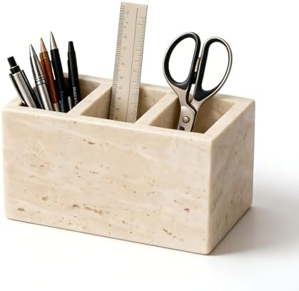 Travertine Desk Organizer, 3 Compartment Pencil Holder by SIRIZEN-DIVING
