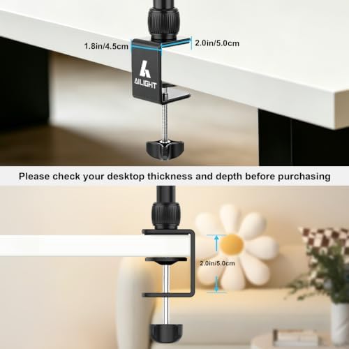 Ailight Overhead Camera Mount Desk Stand, 15.75"-33.45" Webcam Mount with 2-Section Adjustable Telescopic Boom Arm, C Clamp/Swiveling Ball Head for DSLR Camera, Ring Light, Webcam - Image 5