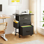 Mexin 3 Drawer File Cabinet with 22'' Extended Desktop, Mobile Filing Cabinet, Printer Stand, Rolling Printer Stand with Side Bag, Fabric Drawer, Fits A4 Size, Home Office, Black - Image 2