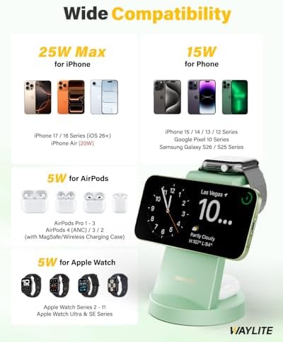 3 in 1 Fast Charging Station for iPhone, 25W Wireless Magnetic Phone Charger for iPhone 17 16e 16 15 14 13 12 Serise, Watch Charger Stand, Wireless Charging Station for AirPods 4 3 Pro, Green - Image 4