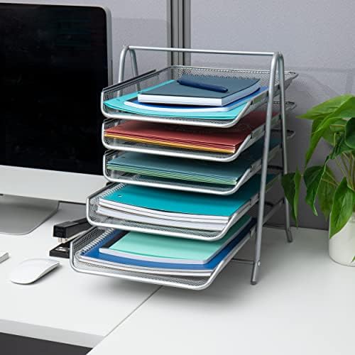 Mind Reader 5-Tier Paper Tray Organizer, Vertical Desktop File Storage Rack, Office, Metal Mesh, Silver 14.5" x 13.8" x 11.5" (Pack of 6) - Image 6