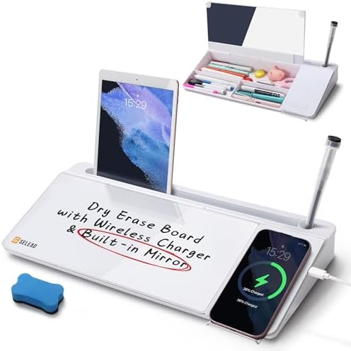SELEAD Desktop Glass Whiteboard with Wireless Charger and Mirror, White by SELEAD