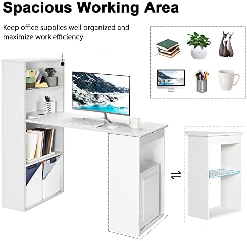 Tangkula White Computer Desk with Bookshelf, Writing Study Desk with Storage Shelves & CPU Stand, Modern Compact Computer Workstation for Home & Office, Space-Saving Design - Image 5