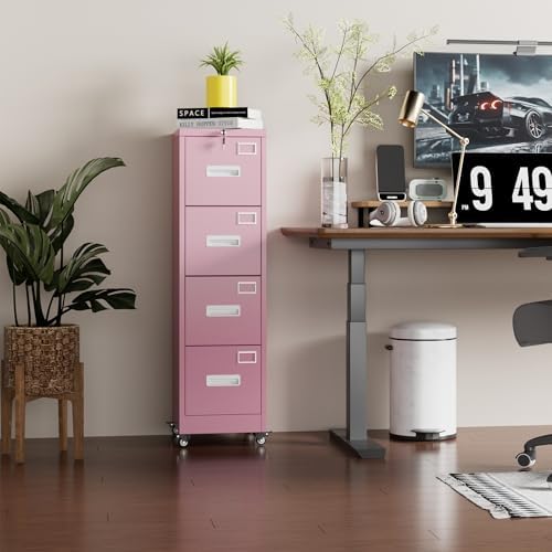Aobabo 4 Drawer Metal File Cabinet with Lock and Wheels, Pink - Image 2
