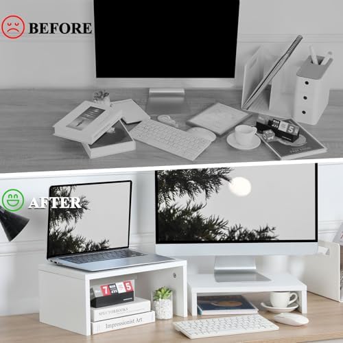 TEAMIX 2-Pack White Monitor & Laptop Stand Riser, High-Low Dual Monitor Set - Image 7