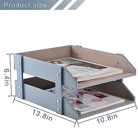 Leather Desk Letter Tray,Office Supplies Paper Organizer for Mail Paper Files Magazines Jewelry Cosmetics,Fashion Letter Holder& 2-Tier Multipurpos Stackable Office Desktop Storage Box,Grey - Image 2