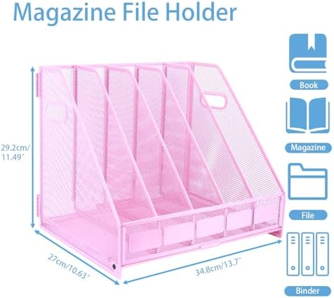 Desk Organizers Metal Magazine File Holder Racks Desktop Folder Storage Binder Organiser Document Organization for Home Office & Classroom,5 Vertical Compartments-Pink - Image 2